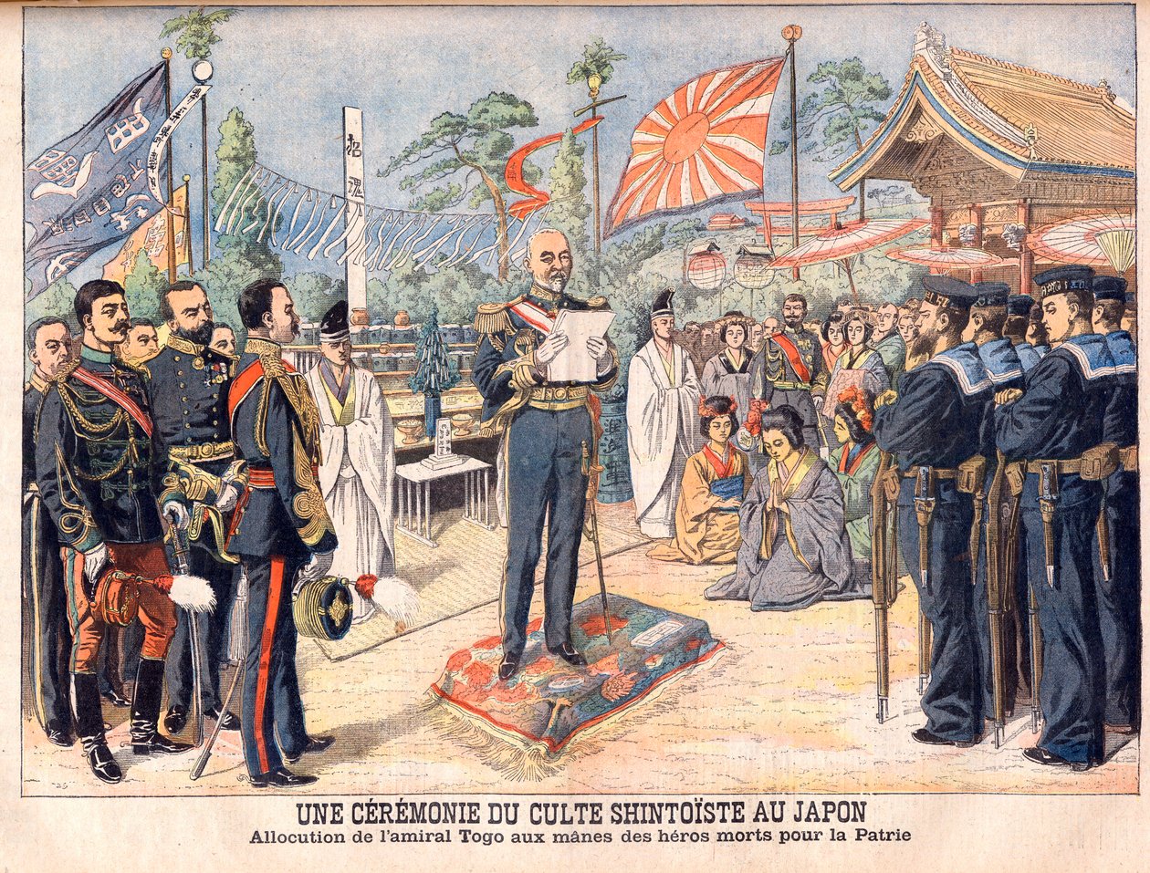 En Shinto-ceremoni i Japan. Admiral Togo taler til ånderne fra japanske helte, der blev dræbt i den russisk-japanske krig. En ceremoni med shintoistisk tilbedelse i Japan. Adresse af Admiral Togo (Togo Heihachiro af French School