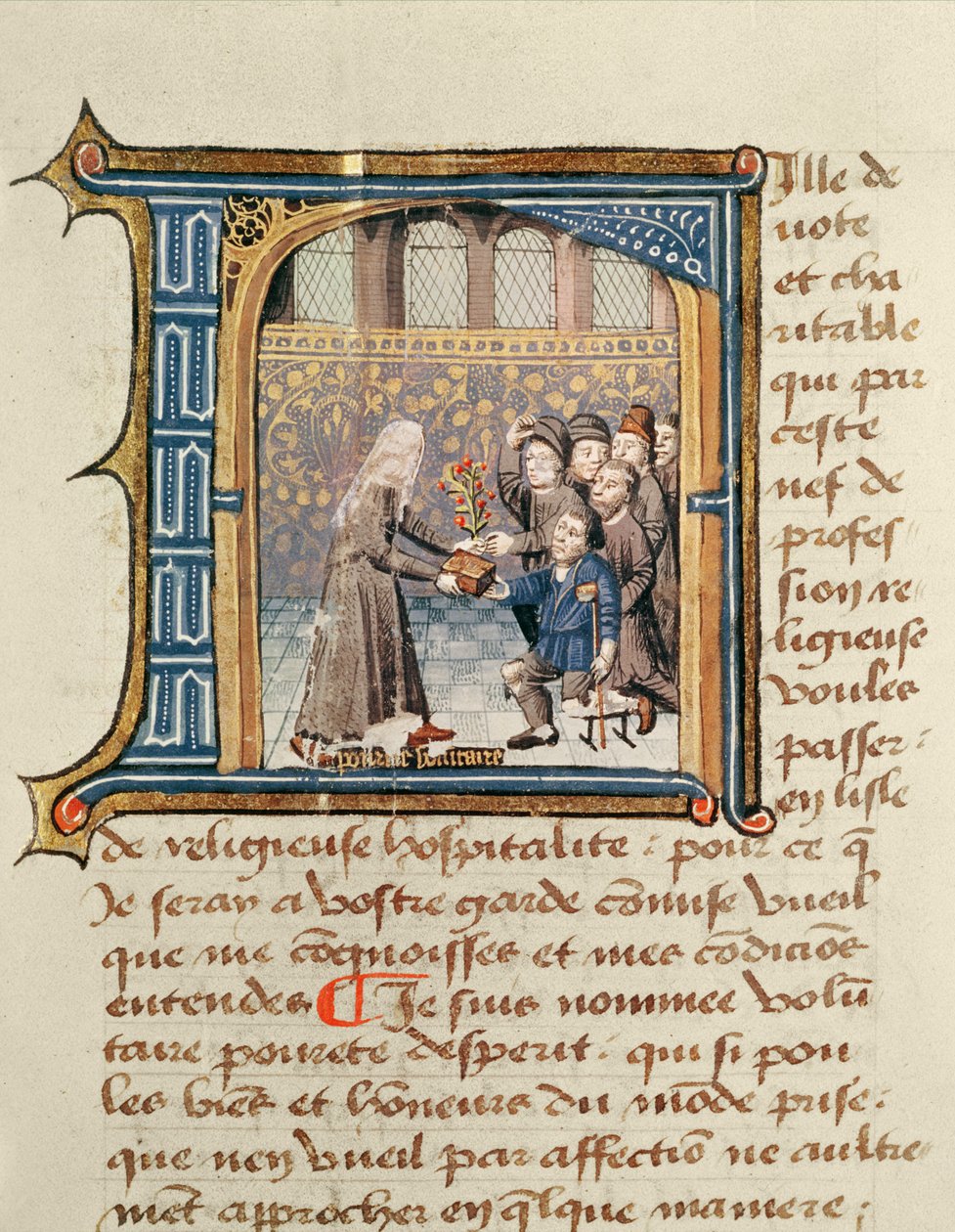 En søster, der modtager gaver fra patienter, fra Le Livre de Vie Active de lHotel Dieu de Paris af Jean Henry, ca. 1482 af French School