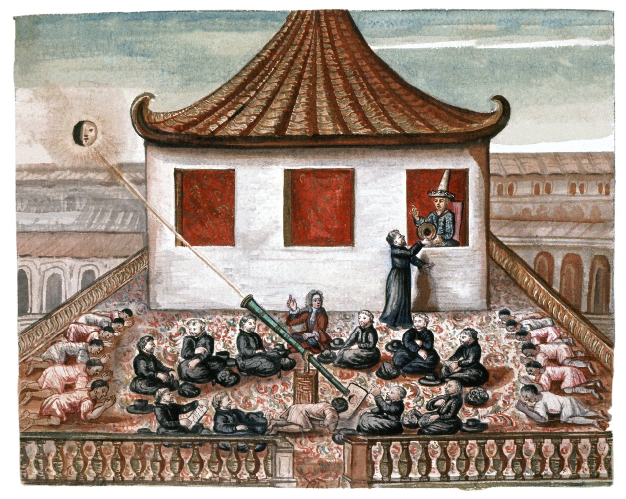 En solformørkelse i Siam, ca. 1700 (akvarel) af French School