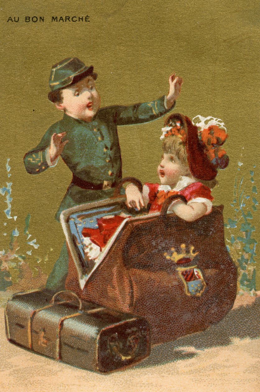 A Surprise in the Luggage, fra en serie af illustrationer af børn, produceret som salgsfremmende kort til Bon Marché-varehuset i Paris, ca. 1890 af French School