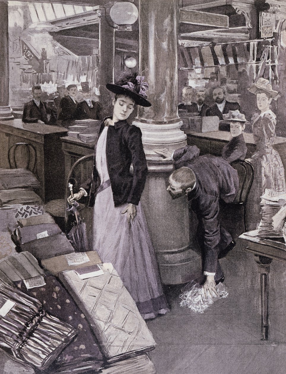 En tyv i et stormagasin i Paris, illustration fra Paradis des Dames, ca. 1895 af French School