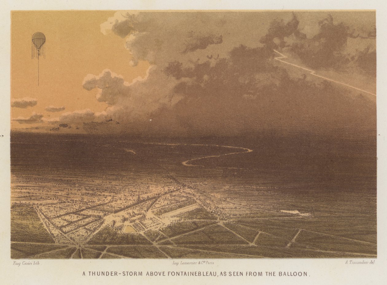Et tordenvejr over Fontainebleau, set fra ballonen (farvelitografi) af French School