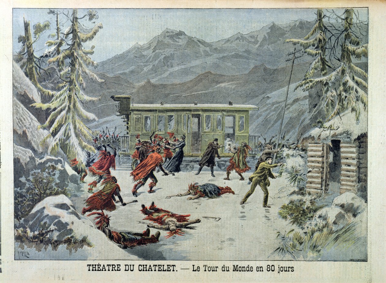 Et tog angrebet af amerikanske indianere, fra hele verden på 80 dage af Jules Verne (1828-1905) fra Le Petit Journal, 13. maj 1898 af French School