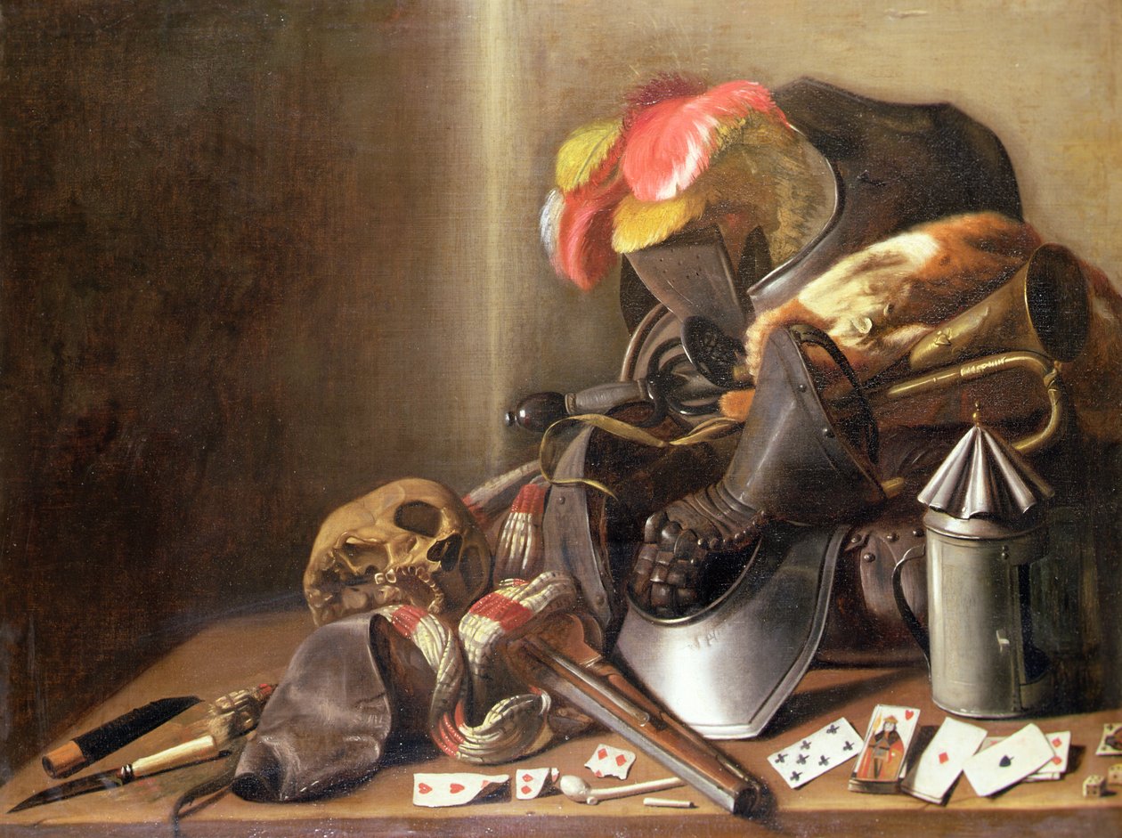 Et Vanitas-stilleben med kranie, spillekort og rustning, ca. 1650 (olie på lærred) af French School