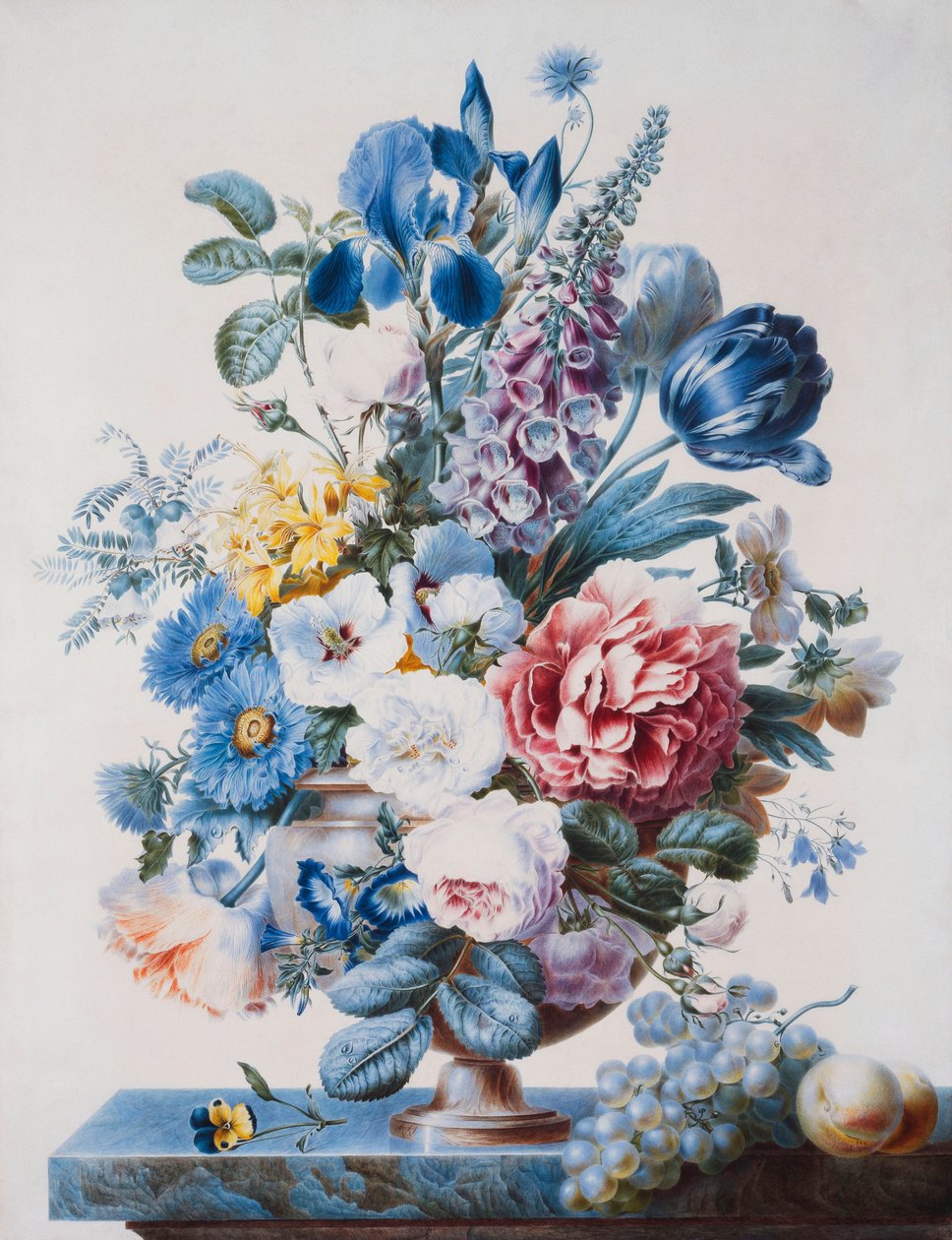 A Vase of Flowers on a Ledge with Grapes and Peaches, dani af French School