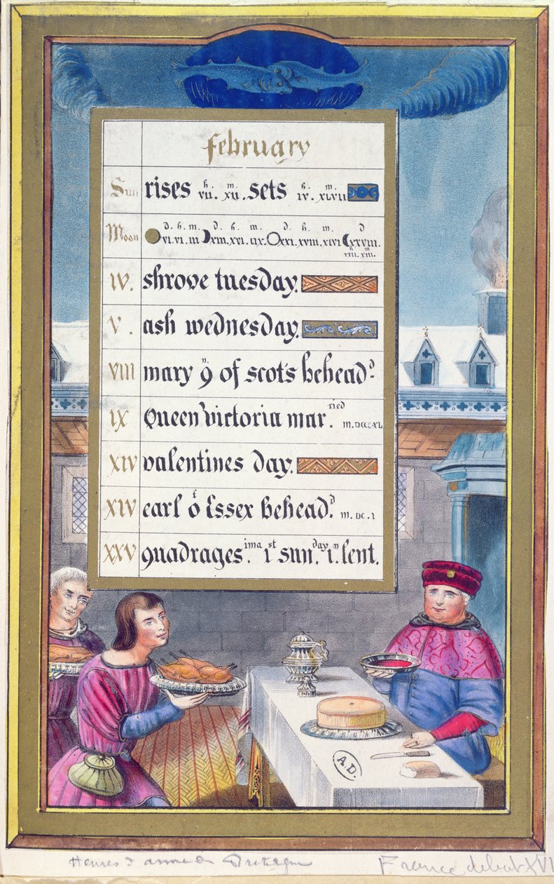 Et viktoriansk kalenderark for februar med en illustration fra Anne de Bretagnes timebog (1488-1514) af French School
