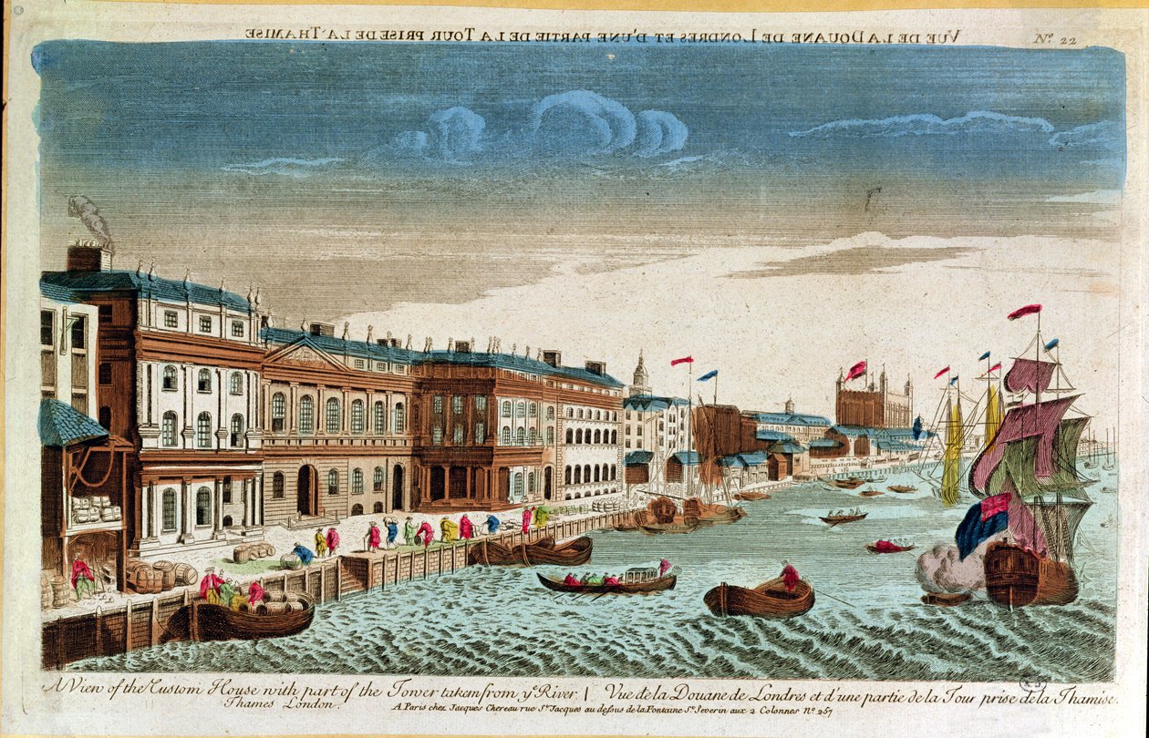 En udsigt over toldhuset med en del af tårnet, taget fra Themsen, London, midten af det 18. århundrede (farvegravering) af French School