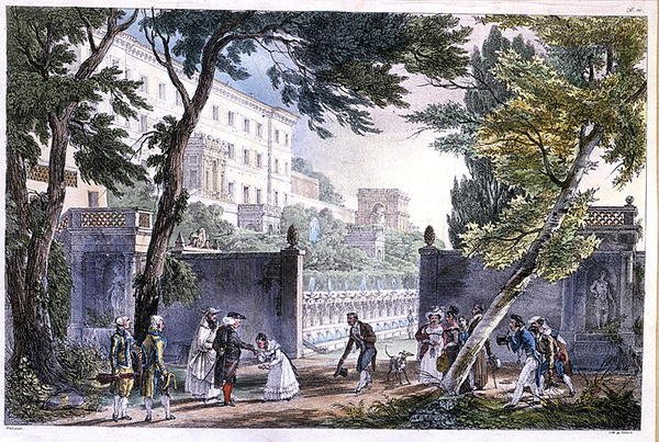 En villa i Rom, graveret af Villain, ca. 1820 (farve litho) af French School