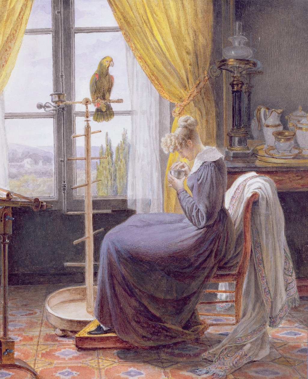 En kvinde fodrer en papegøje i et interiør, ca. 1820 (wc med gouache på papir) af French School