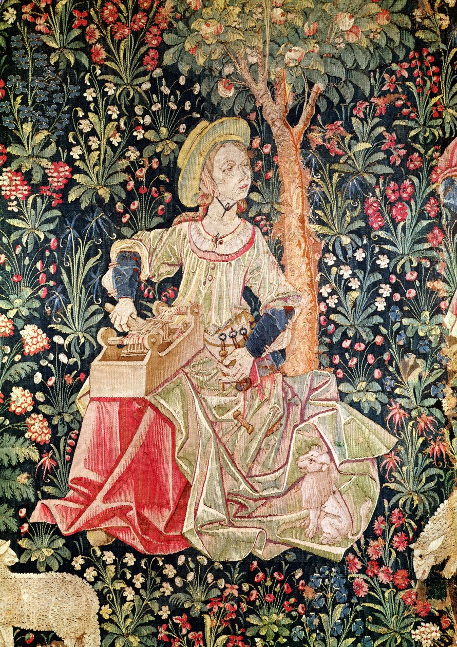 A Woman Spinning, detalje fra Le Travail de la Laine, en del af La Noble Pastorale, ca. 1500 (uld- og silketæppe) af French School