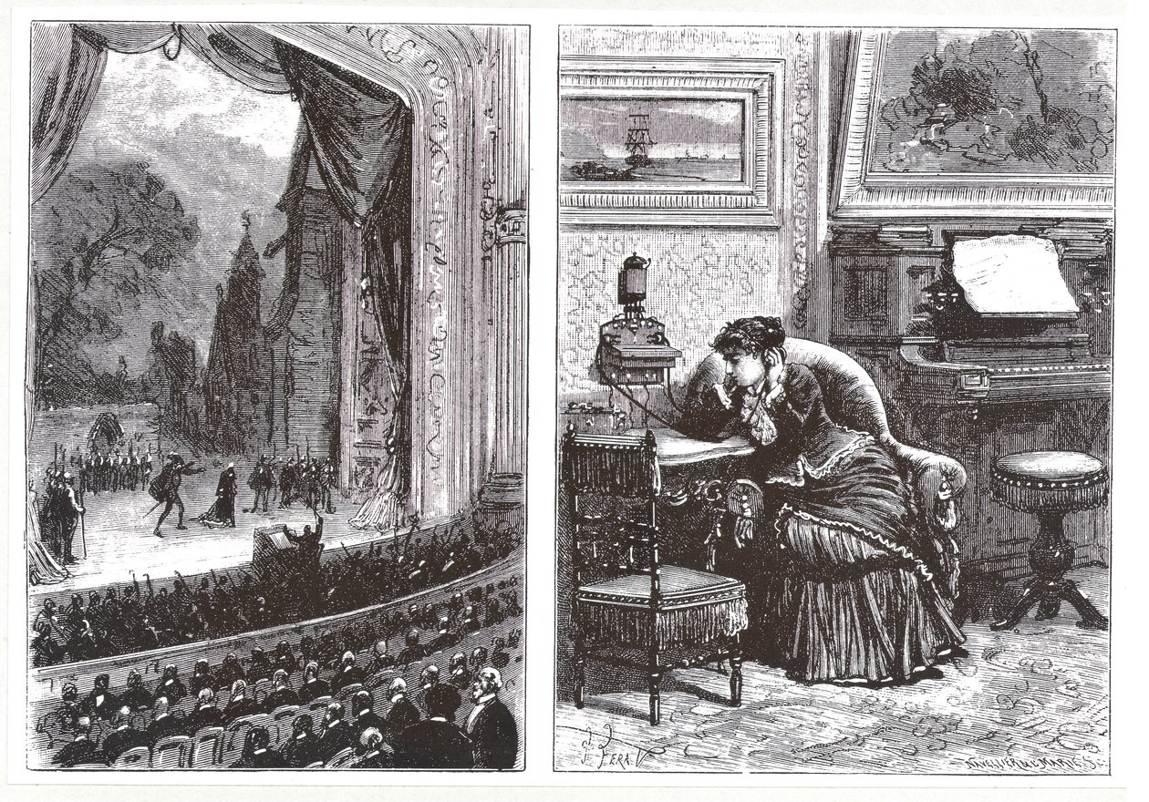 En kvinde, der lytter til en operaforestilling i sit eget hjem ved hjælp af Ader-Bell-telefonen og Aders-arrangement til musiktransmission, fra Les Nouvelles Conquetes de la Science af Louis Figuier, af French School