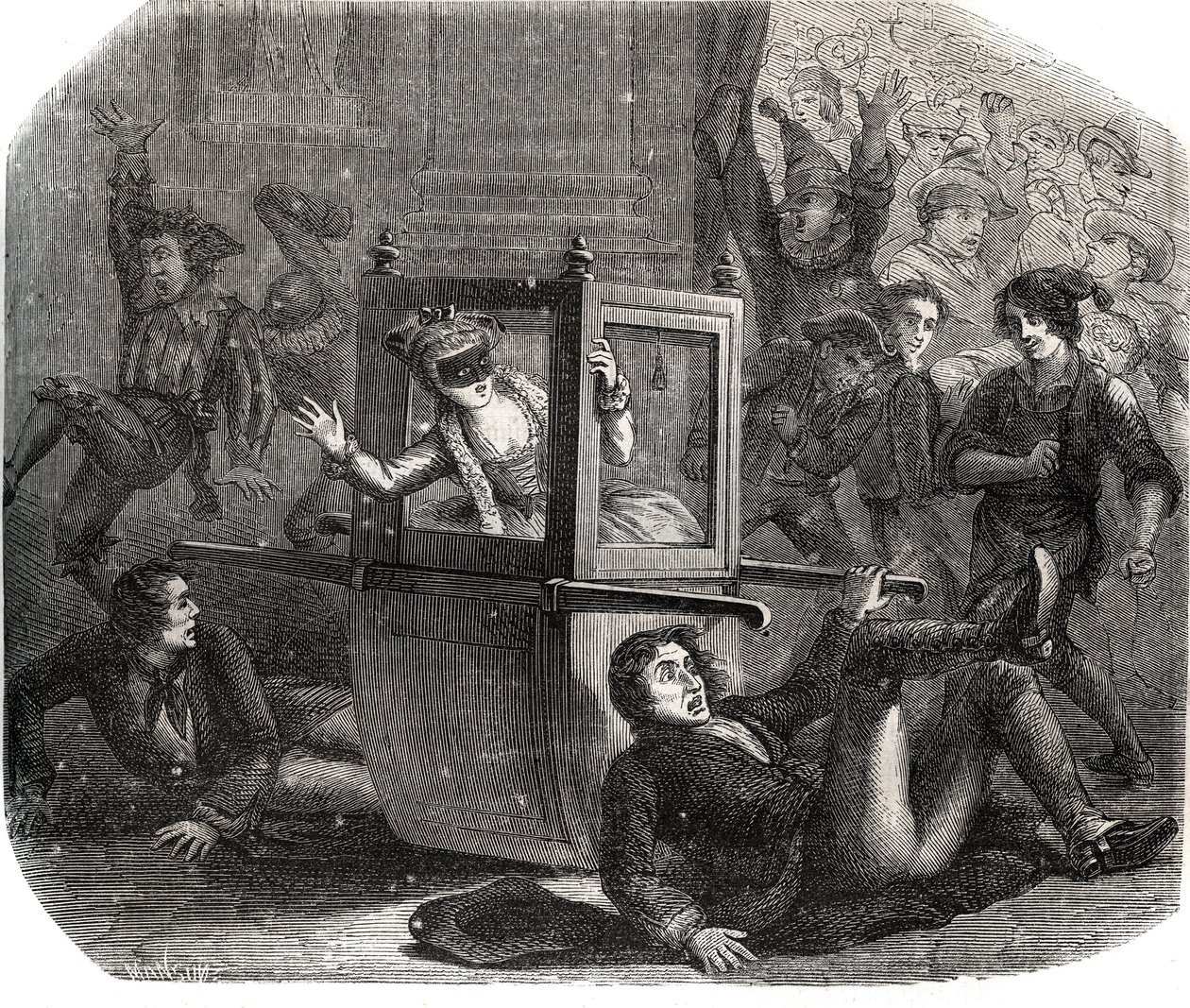En flok jokere forhindrer Marie-Therese (Marie Therese) Le Vasseur (Levasseur) (1721-1801), et kostume til karnevallet, fra at rykke frem i sin kørestol. Hun er et offer for hævnen fra en af de tidligere elskere. Indgravering fra 1871 i "Histoire Des Cocus af French School