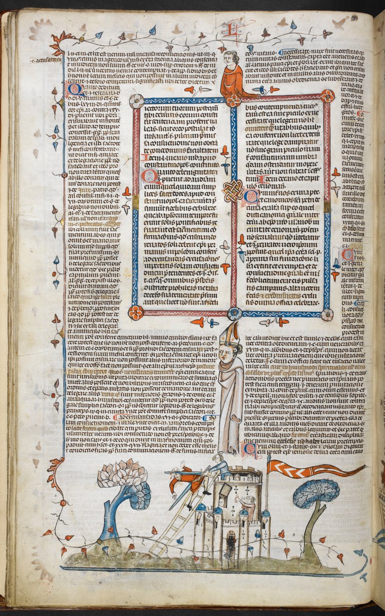 En bas-de-page scene af en mand, der forsøger at invadere et slot, bliver dræbt af en af forsvarerne, fra Smithfield Decretals, Royal 10 E. IV, f.18v af French School