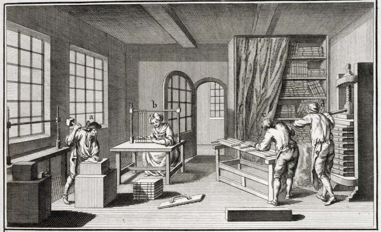 Et bookmakerværksted fra Encyclopedie des Sciences et Metiers af Denis Diderot (1713-84) udgivet ca. 1770 af French School