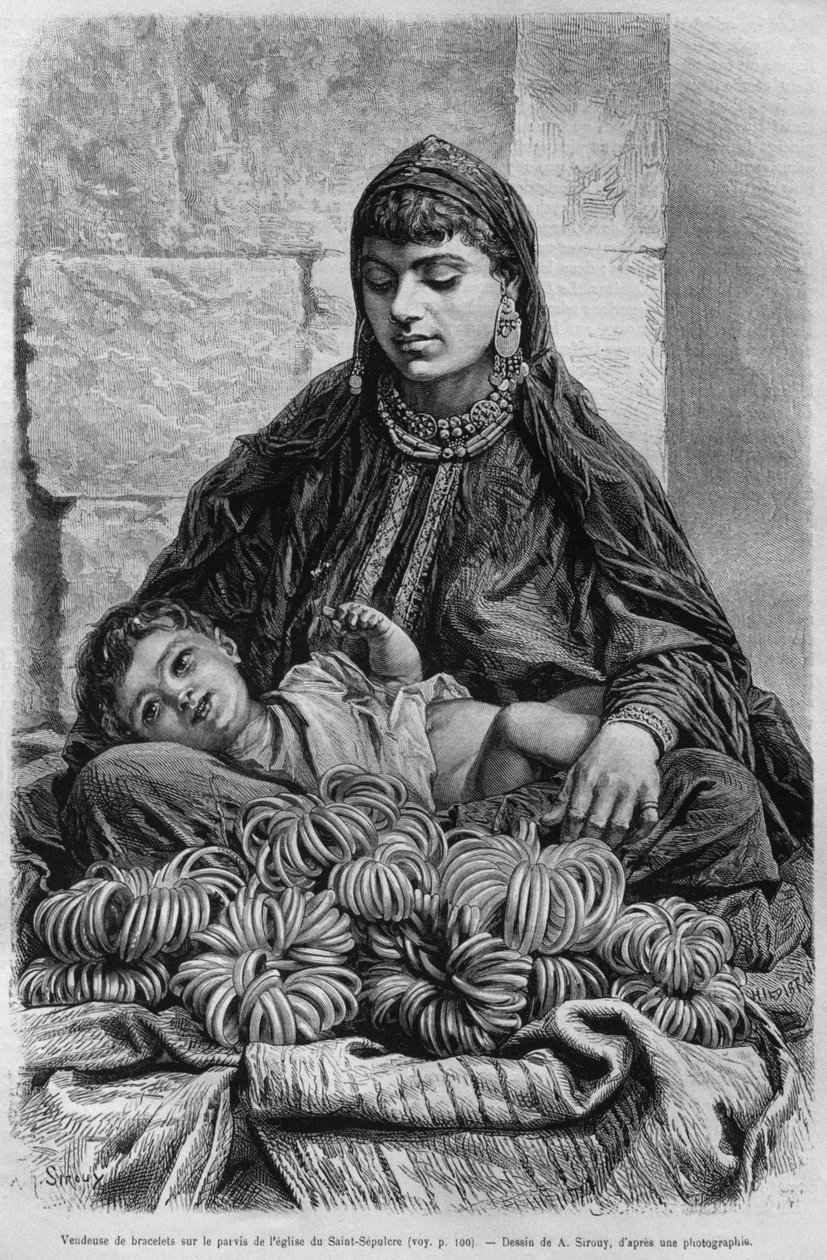 En armbåndssælger nær Den Hellige Gravs Kirke, fra Syrien i dag. Rejser i Fønikien, Libanon og Judæa. 1875-1880 af Louis Charles Emile Lortet, 1884 (bw gravering) af French School