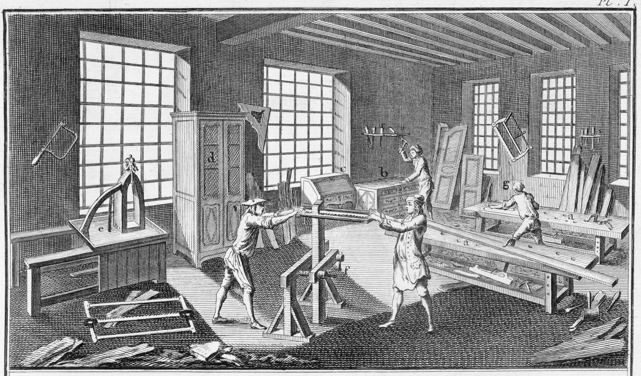 Et møbelsnedkerværksted fra Encyclopedie des Sciences et Metiers af Denis Diderot (1713-84) udgivet ca. 1770 af French School