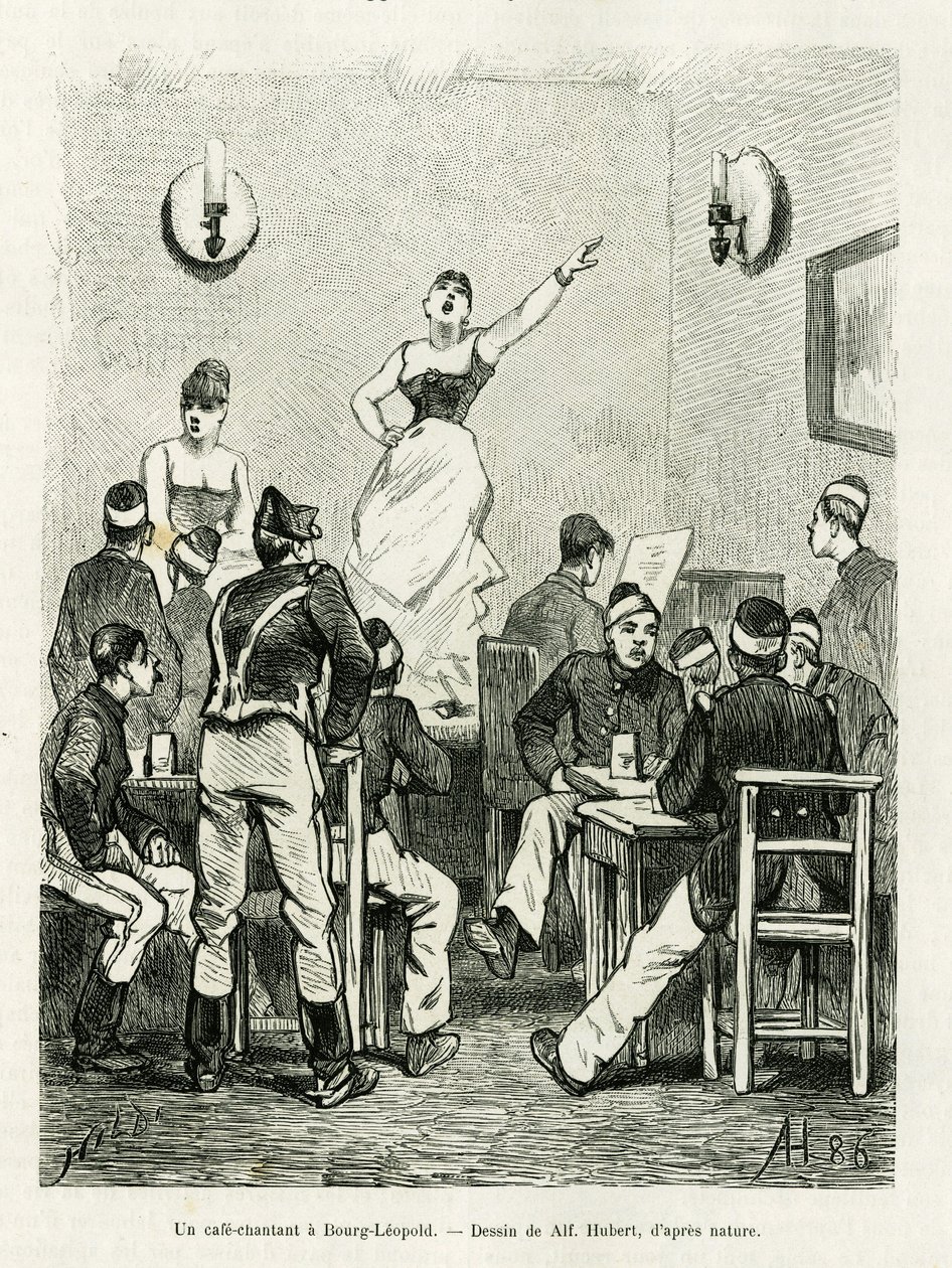 En cafe synger i Bourg Leopold. Gravering af A.Hubert til illustration af historien La Belgique, af Camille Lemonnier, i le tour du monde 1886, instrueret af Edouard Charton (1807-1890), Hachette, Paris. af French School