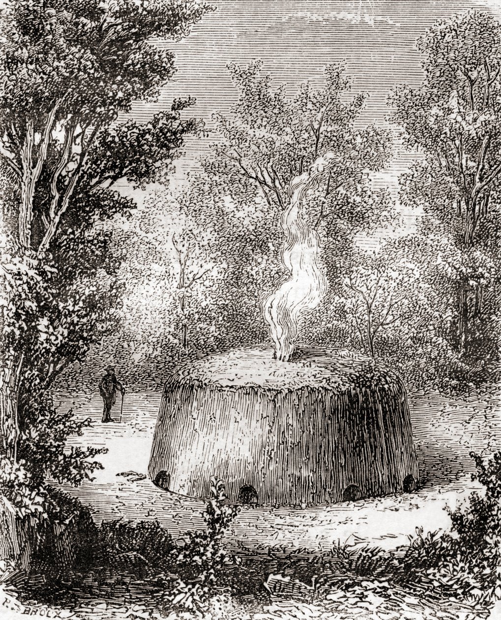 En trækulsovn i skoven, efter en tegning fra det 19. århundrede, fra Les Merveilles de la Science, udgivet ca. 1870 (gravering) af French School