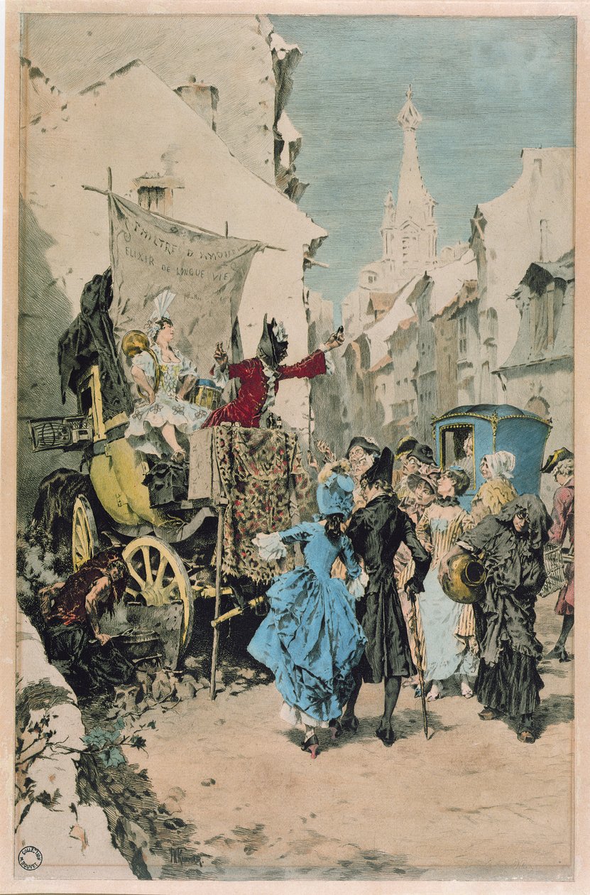 En charlatan, der sælger en ungdomseliksir, det 18.-19. århundrede af French School