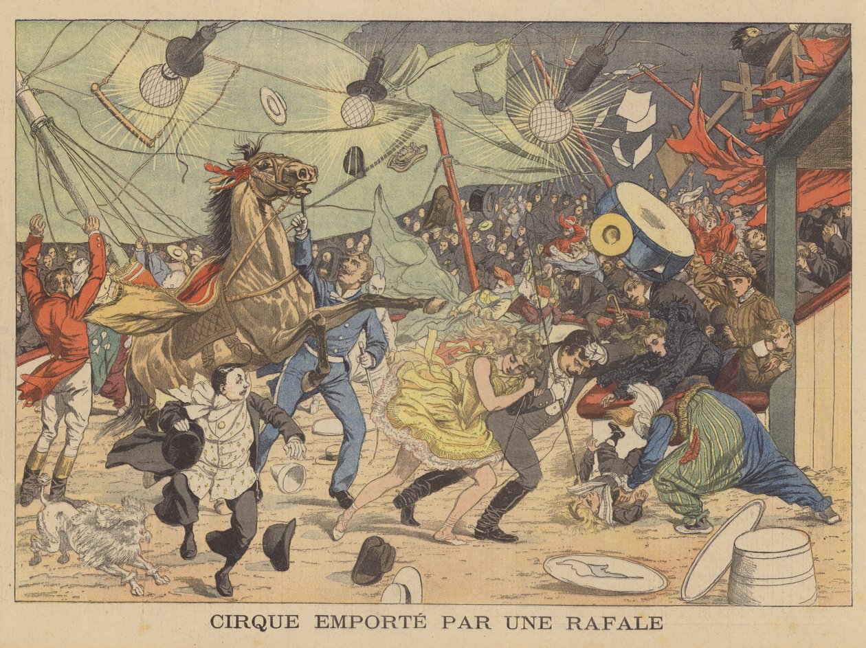 Et cirkustelt båret væk af et vindstød (farvelitografi) af French School