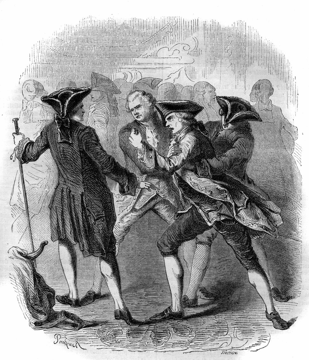 En konfrontation mellem "" Gluckistes"" og "" Piccinistes""", der illustrerer rivaliseringen mellem komponisterne Christoph Willibald Gluck og Niccolo Vito Piccinni. Stik fra 1856. af French School