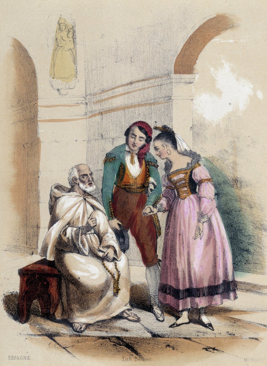 Et par, der bliver gift i kirken; illustration for Spanien, -i "De tolv nationer"" af M.E Fouinet af French School
