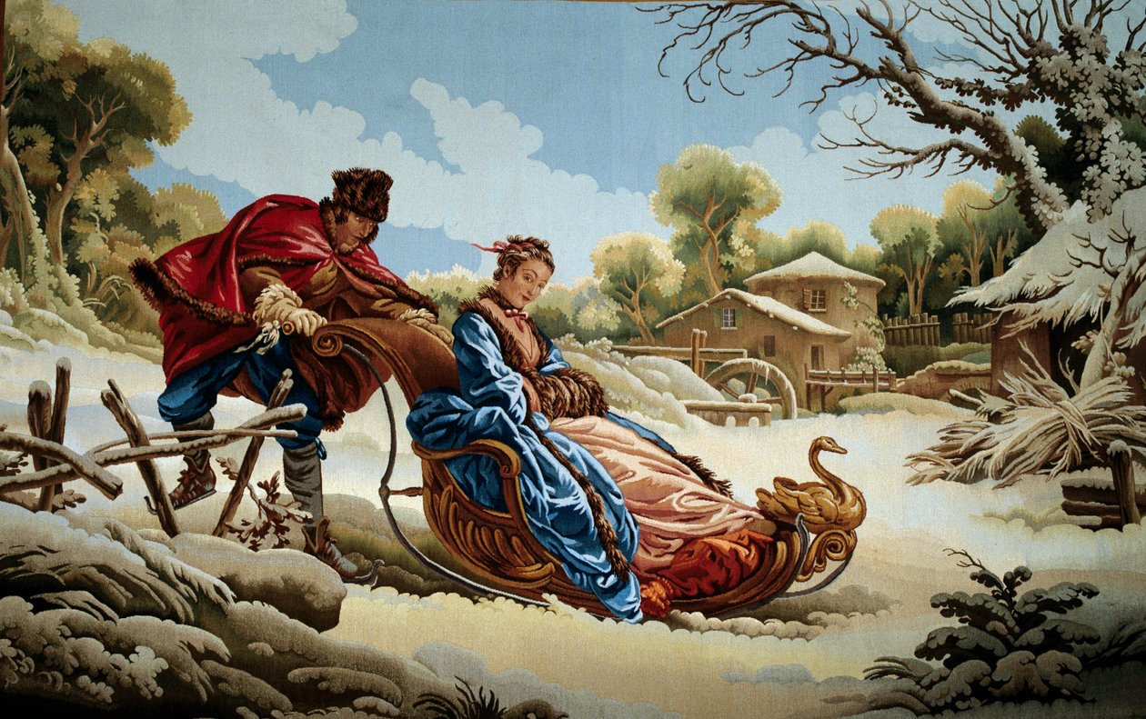 Et par på en kane i Rusland Gobelin af Aubussons manufakturer. Det 18. århundrede. Aubusson, Tapestry Museum af French School