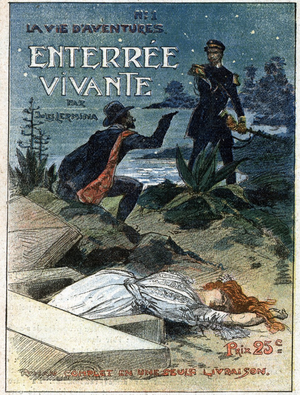 Et kriminelt våben med en pistol truer en lovmand, der fangede ham, mens han vovede at begrave en kvindes lig. Illustration til "" Living Burial"" af Jules Lermina (1839-1913). En af avisen "Life of Adventures". Indgravering i "" Journal des Voyages"" af af French School