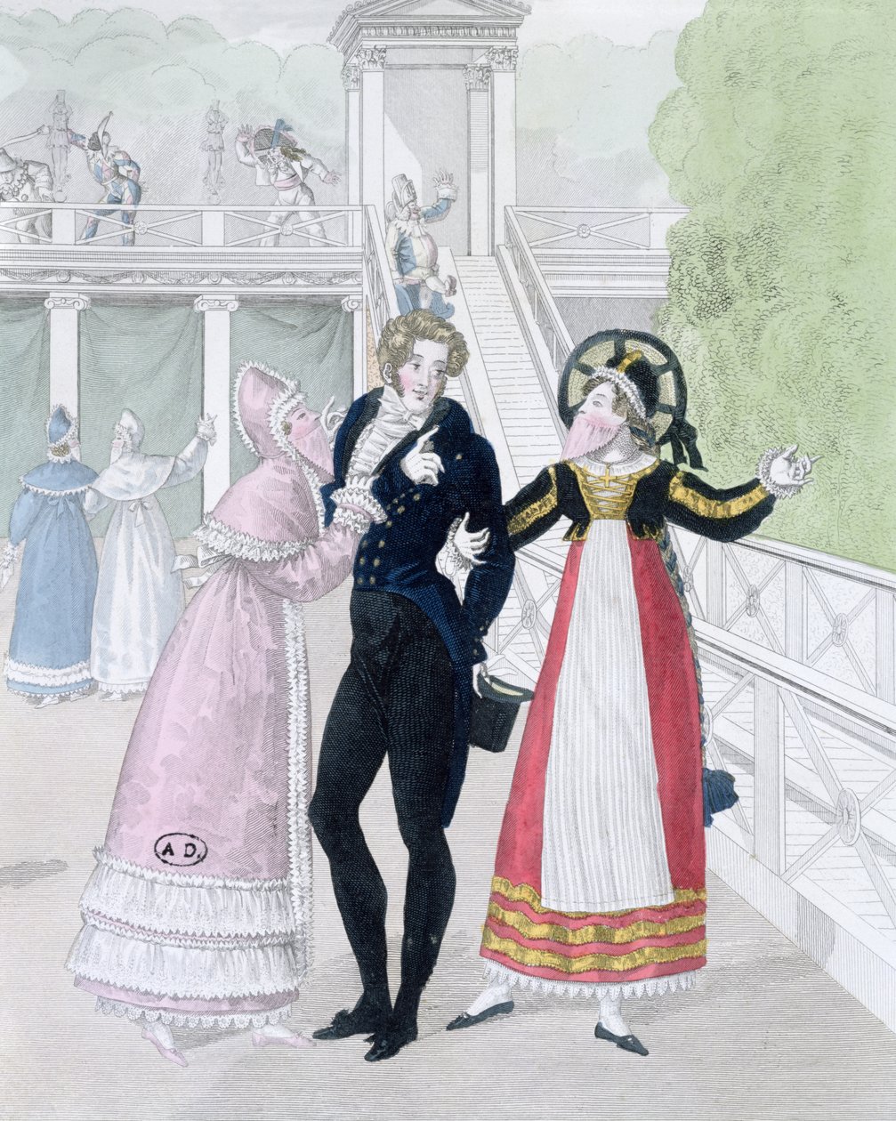 En dandy, der bliver bejlet til af to maskerede kvinder, fra serien Le Bon Genre (håndfarvet gravering) af French School