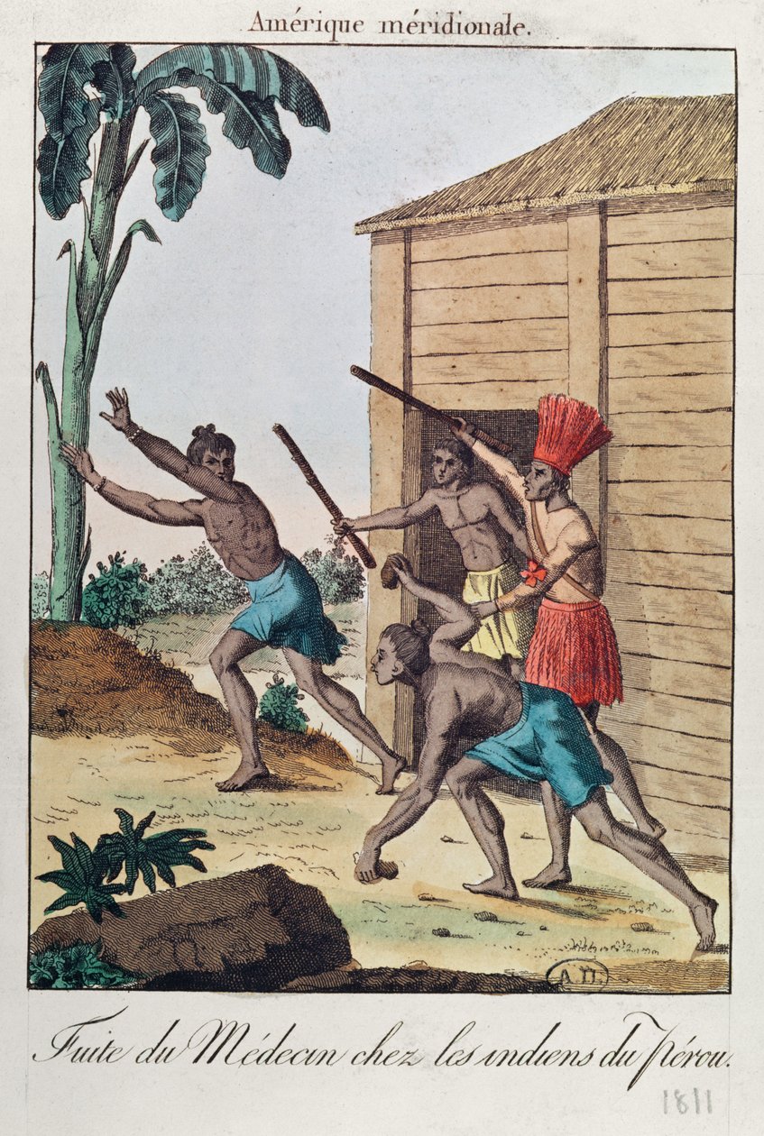 En læge, der løber fra peruvianske indianere, 1811 af French School