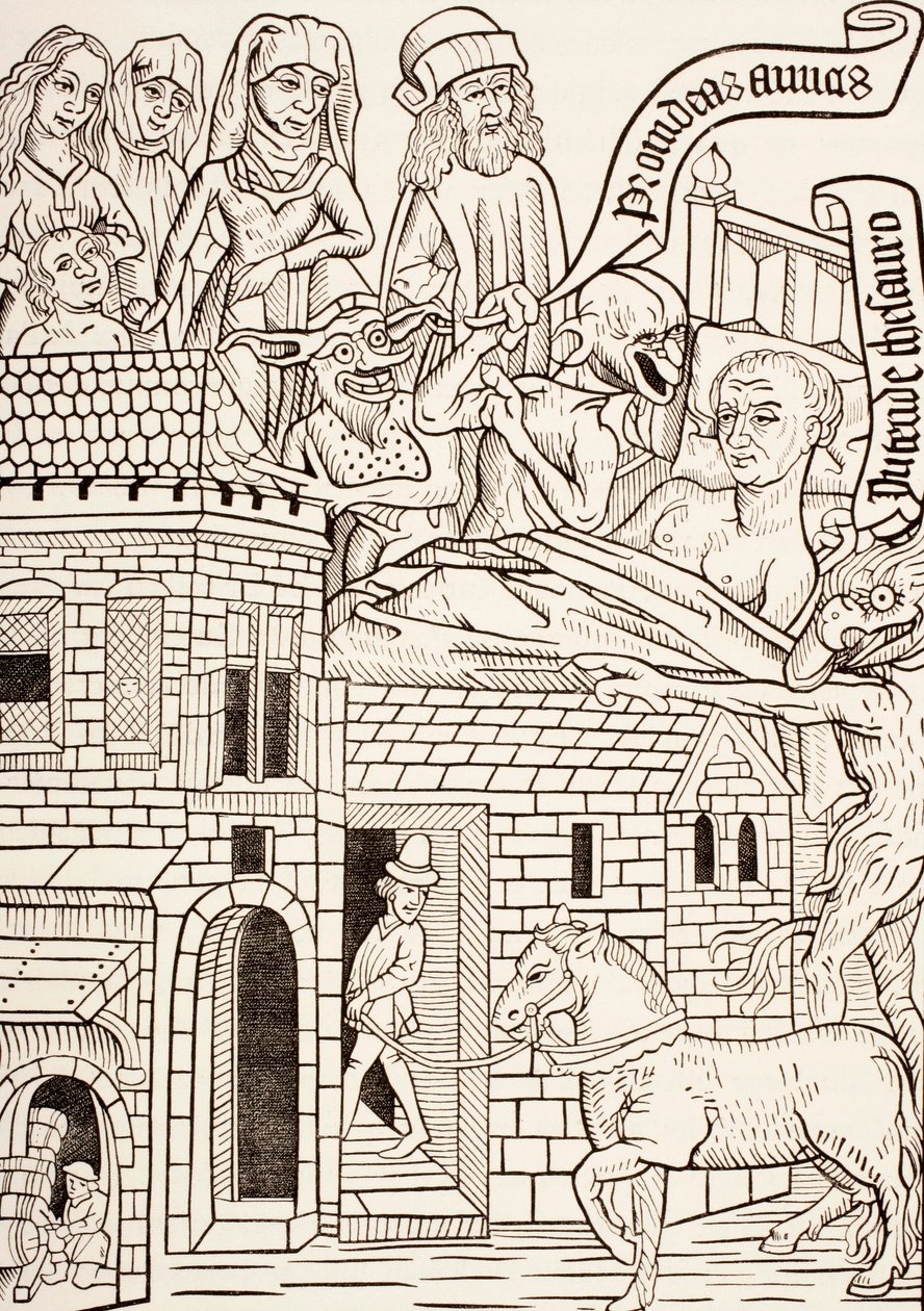 En døende synder omgivet af sin familie og to djævle hvisker ham i øret, side fra 1400-tallets tekst Ars Moriendi eller The Art of Dying, fra Les Artes au Moyen Age, udgivet 1873 af French School
