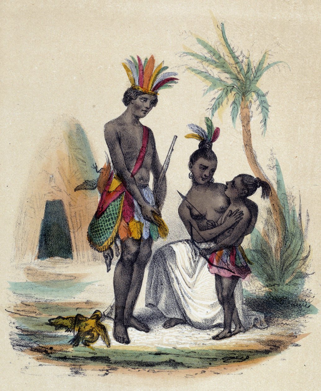 En familie af canadiske indianere foran deres tipier; illustration for Canada, -i "De tolv nationer" af M.E. Fouinet af French School