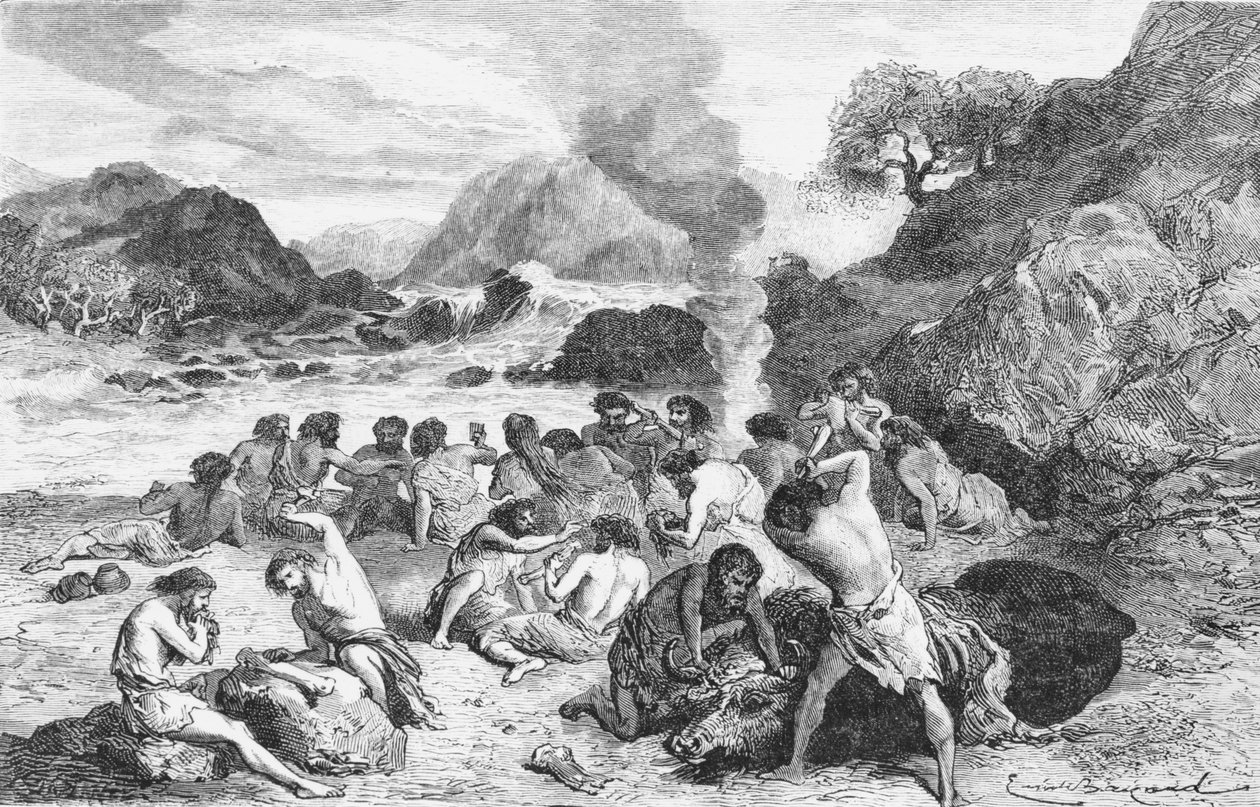 En fest i stenalderen, illustration fra LHomme Primitif af Louis Figuier, udgivet af Hachette, 1870 af French School