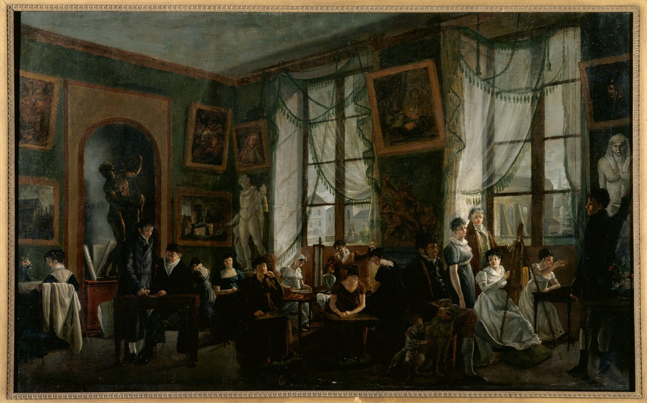 En kvindelig tegneklasse, ca. 1810, ca. 1810 (olie på lærred) af French School