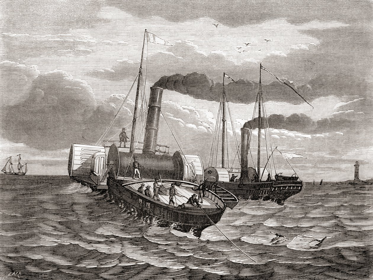 Et første forsøg i 1850 af John Watkins Bretts Anglo-French Telegraph Company på at lægge den første linje under Den Engelske Kanal, fra Dover til Calais, ved hjælp af de ombyggede slæbebåde Goliath og Widgeon, fra Les Merveilles de la Science, udgivet ca. af French School