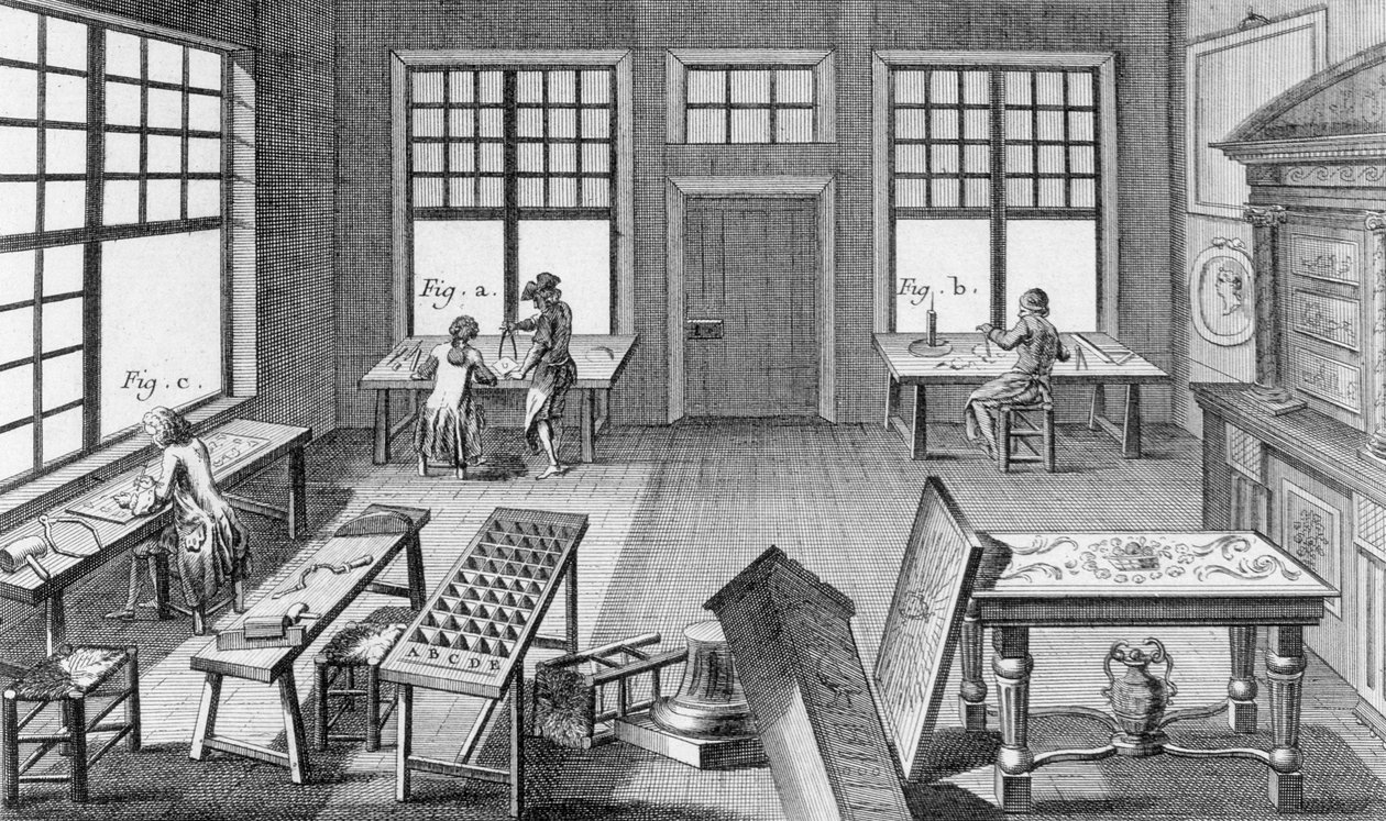 Et møbelindlægsværksted fra Encyclopedie des Sciences et Metiers af Denis Diderot (1713-84) udgivet ca. 1770 af French School