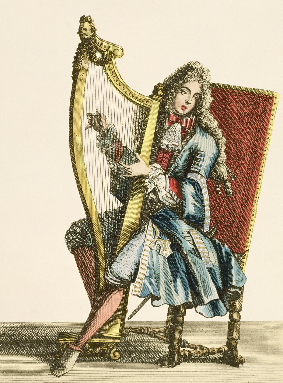En herre spiller på harpe af French School