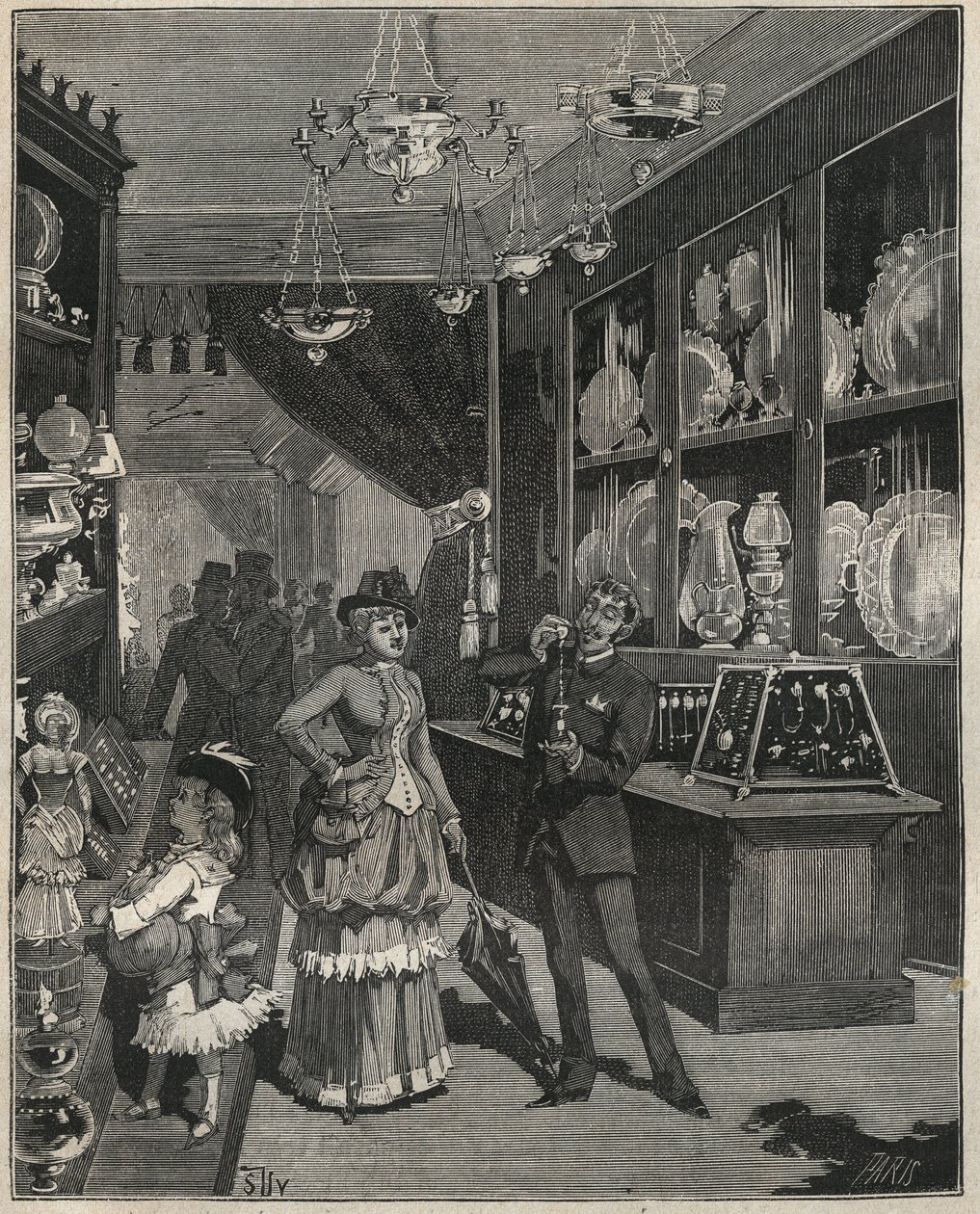 En guldbutik i Frankrig i det 19. århundrede. Indgravering fra 1885 i "" Les arts et metiers illustres"" af Adolphe BITARD. af French School