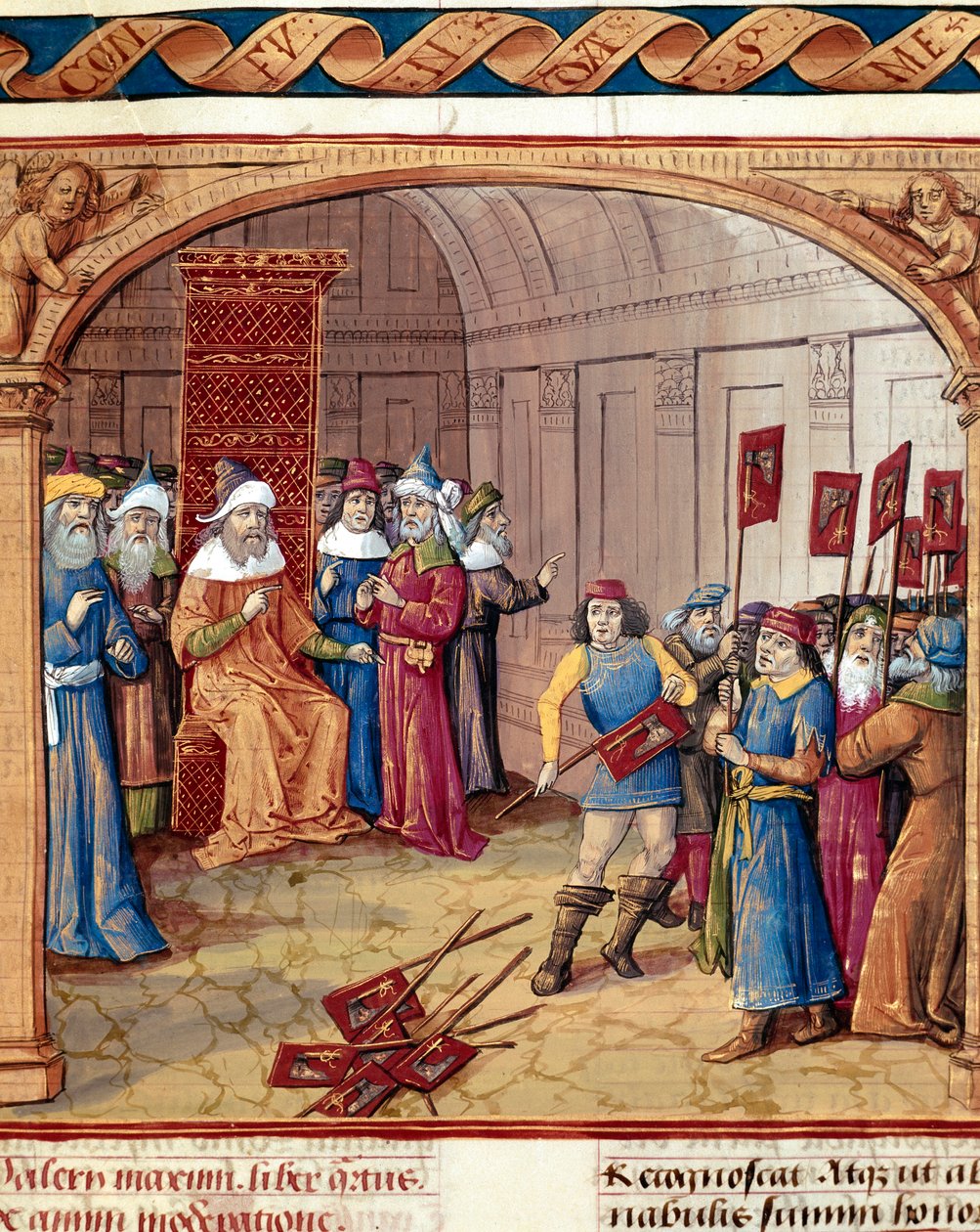 En konge modtager bannere og miniatureøkser fra "Dicta et facta memorabilia" af Valere Maxime (Valerius Maximus) (1. århundrede f.Kr.) 1410 Chantilly, Musee Conde af French School