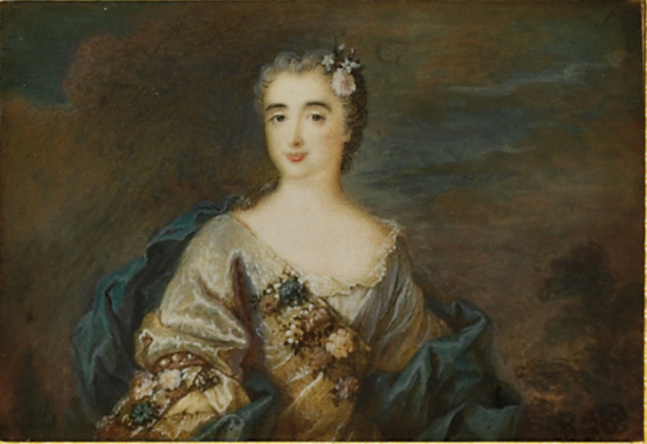 En dame ved navn Louise-Jeanne de Durfot, Duchesse de Mazarin et de la Meilleraye, ca. 1750 af French School