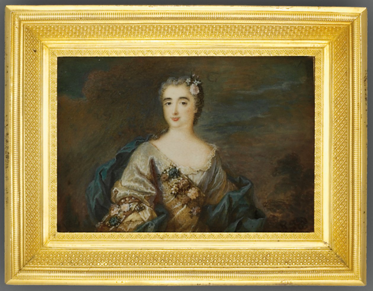 En dame kaldet Louise-Jeanne de Durfot, Duchesse de Mazarin et de la Meilleraye, ca. 1750 (akvarel på elfenben) (se også 1630586) af French School