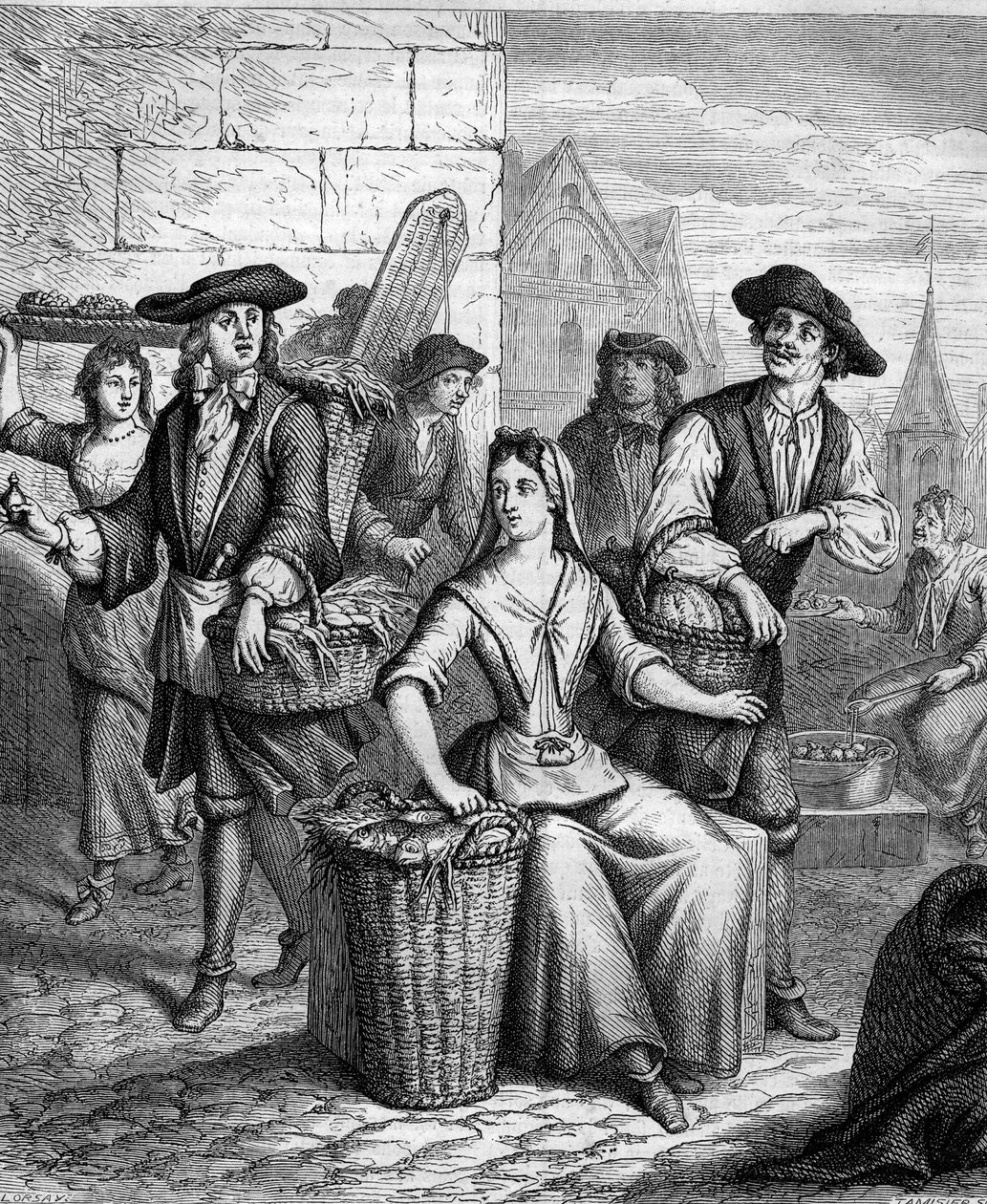 En markedsdame (en fiskesælger) i 1600-tallet. af French School
