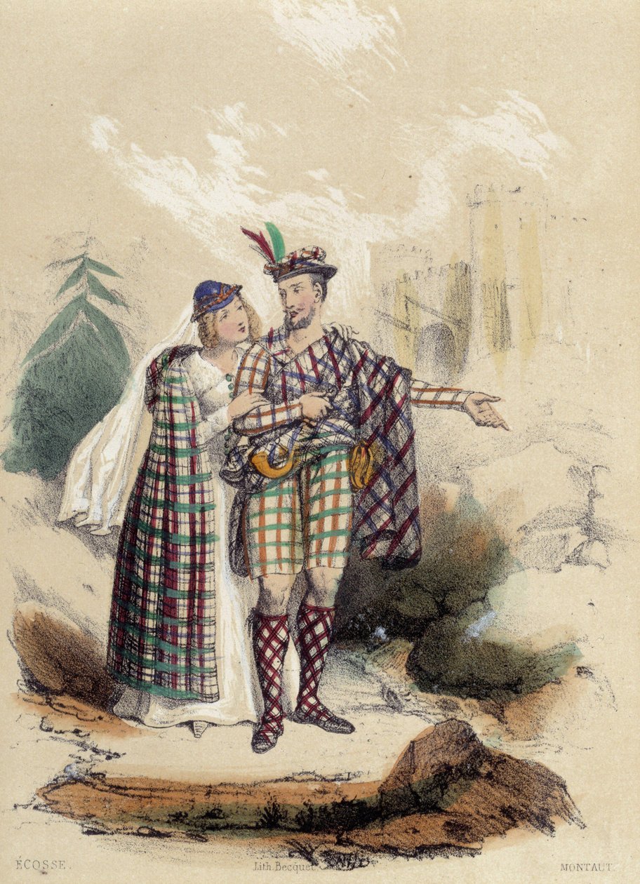 En mand, der bærer en kilt og hans ledsager foran et slot; illustration for Skotland, -i "De tolv nationer" af M.E. Fouinet af French School