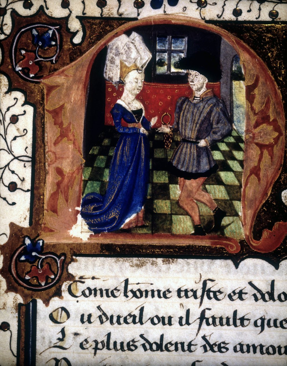 En mand tilbyder en ring til en dame (lettrine "n"). af French School