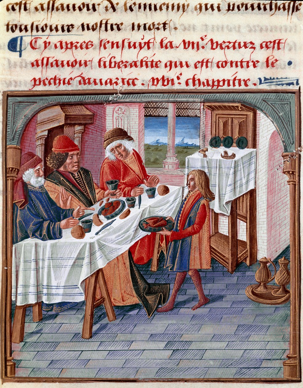 En mand deler sit bord med en nødlidende Miniature taget fra "Le livre de bonnes moreurs de Jacques Legrand" 1490 Chantilly, Musee Conde af French School