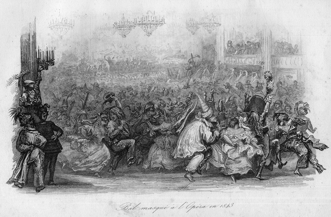 Et maskebal i Paris Opera i 1843. ("Le carnival"" sang af Marc-Antoine Madeleine Desaugiers) i "" - CHANS et CHANS POPULES DE LA FRANCE - 1843 - H.- L. DELLOYE, udgiver, LIBRAIRIE DE GARNIER. af French School
