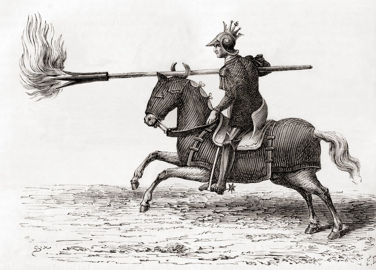 En middelalderridder med en ildlanse eller ildspyd, et af de første krudtvåben i verden, fra Les Merveilles de la Science, udgivet ca. 1870 (gravering) af French School