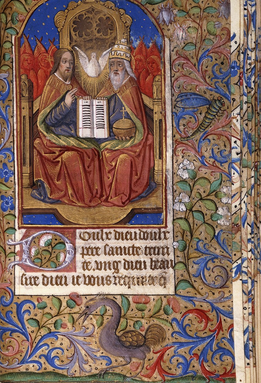 En miniature fra en timebog, på latin og fransk, der skildrer treenigheden på tronen med engle, ca. 1485 af French School