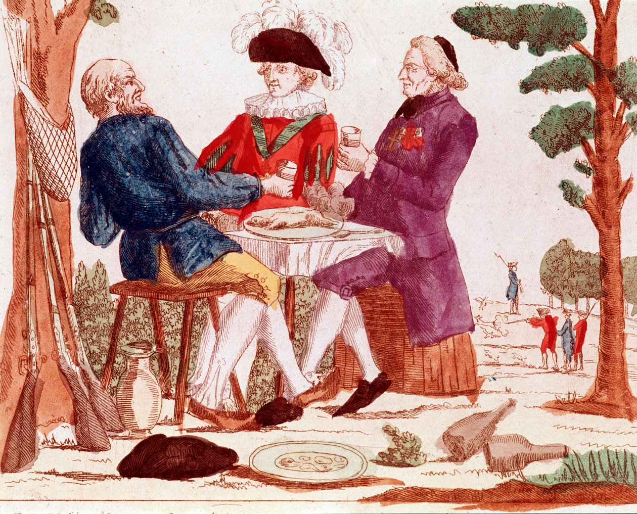 En bonde (tiers etat), gejstlig og aristokrat spiser en kanin sammen ved et bord, i højre baggrund en jagtscene, til venstre tre geværer, august 1789 (stik, slutningen af 1700-tallet) af French School