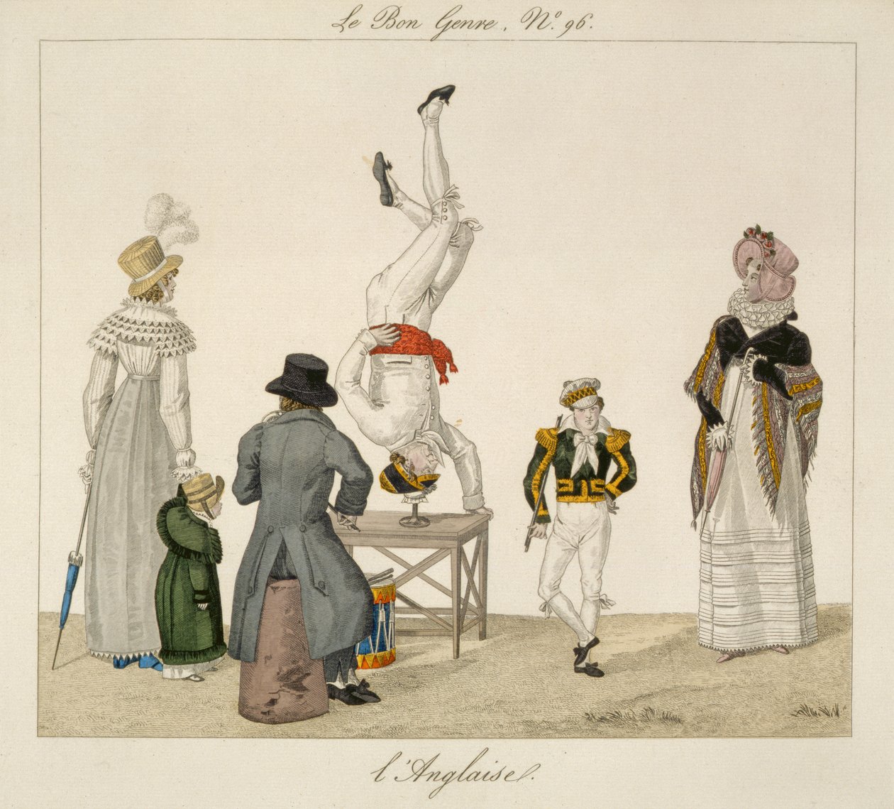 En performer stående på hovedet og balancerer på et glas, tallerken 96 fra le Bon Genre, ca. 1810 (farvegravering) af French School